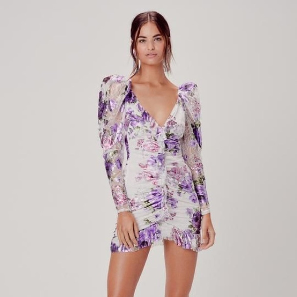 For Love and Lemons Wildflower Foil Lace Mini Dress in Lavender
